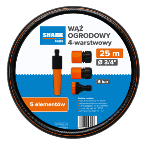 Zestaw wąż ogrodowy 4-warstwowy 3/4’’ 25m z akcesoriami Shark Tools