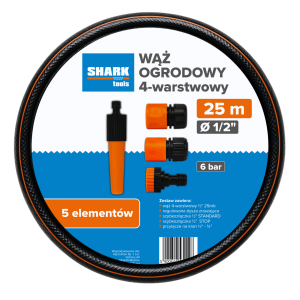 Zestaw wąż ogrodowy 4-warstwowy 1/2’’ 25m z akcesoriami Shark Tools