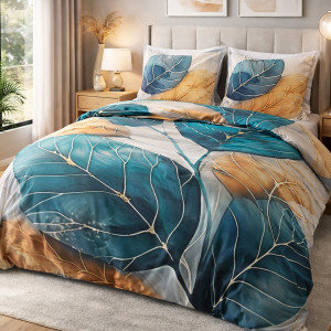 Pościel satynowa bawełniana 160x200 w liście turkusowo-złote premium