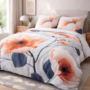 Pościel satynowa bawełniana 140x200 szara w pomarańczowe kwiaty SATYNLOVE PREMIUM