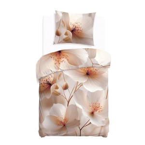 Pościel satynowa bawełniana 140x200 jasne beżowe kwiaty SATYNLOVE PREMIUM