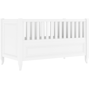 Białe łóżeczko Charlotte ze stylizowanymi nóżkami i frezowaną ramką 70x140