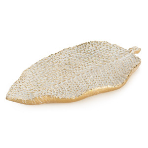 Patera MOLI biało-złota liść 29x16x3 cm żywica poliestrowa