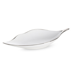 Patera dekoracyjna ABBI biała ze srebrem, liść ceramika 30x13x5 cm