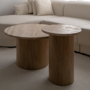 Alberi - zestaw stolików z trawertynu : Kolor podstawy - Jesion naturalny, Rodzaj kamienia - Emperador Dark, Średnica stolika - 70 cm x 40 cm