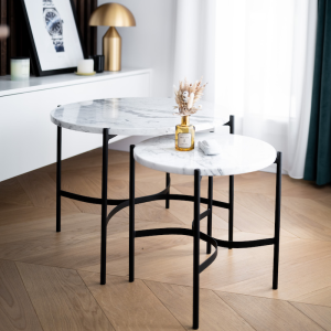 Rosel - zestaw okrągłych stolików 2w1 : Kolor podstawy - Czarny mat, Rodzaj kamienia - Breccia Sarda, Średnica stolika - 80 cm x 60 cm