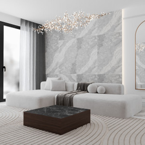 Azure - ława z litego drewna i kamienia : Kolor podstawy - Jesion beżowy, Rodzaj kamienia - Rosa Portogallo , Rozmiar - 90 cm x 90 cm