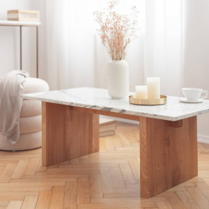 Egge - ława z marmurowym blatem i dębową podstawą : Kolor podstawy - Jesion beżowy, Rodzaj kamienia - Black Forest, Rozmiar - 140 cm x 70 cm