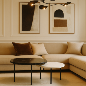 Zestaw stolików Svart Mane : Kolor podstawy - Złoto mat, Rodzaj kamienia - Travertino Romano Classico, Średnica stolika - 80 cm x 50 cm