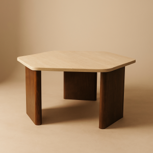 Sei - stolik z jasnego trawertynu na drewnianych nogach : Kolor podstawy - Palisander, Rodzaj kamienia - Black Forest, Średnica stolika - 80 cm