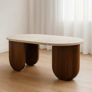 Senza - stolik z trawertynu na drewnianych nogach : Kolor podstawy - Jesion naturalny, Rodzaj kamienia - Calacatta Viola, Rozmiar - 120 cm x 60 cm