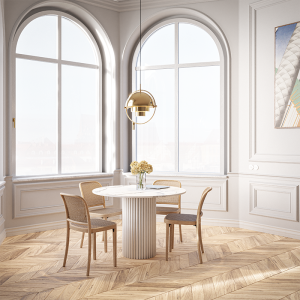 Hygge - okrągły stół z marmurowym blatem : Kolor podstawy - Biały mat, Rodzaj kamienia - Taj Mahal, Średnica stołu  - 150 cm