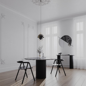Hygge Black Forest - stół z okrągłym blatem : Kolor podstawy - Czarny mat, Rodzaj kamienia - Bianco Superiore, Średnica stołu  - 110 cm