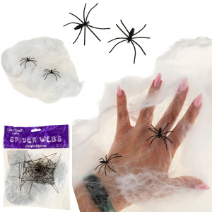 Pajęczyna z pająkami, sztuczna, biała, dekoracje Halloween, 22g, pająki 2szt.