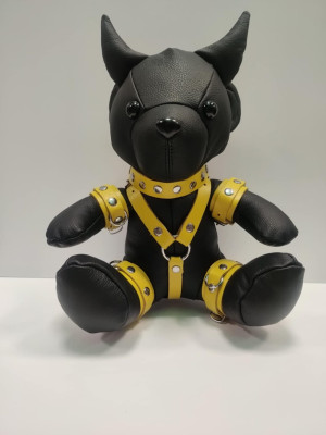 Teddy Devil Skórzany miś z ŻÓŁTYMI skórzanymi akcesoriami + PUDEŁKO PREZENTOWE