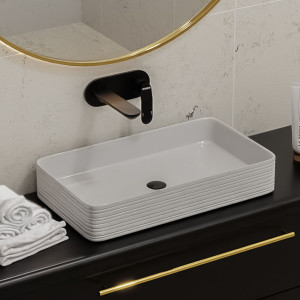 Umywalka ceramiczna nablatowa prostokątna ryflowana biała 67 x 38 cm LAMI