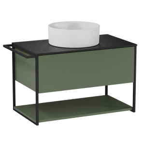 Szafka łazienkowa wisząca zielona loftowa 80 x 45 cm z czarnym blatem o strukturze kamienia VALO