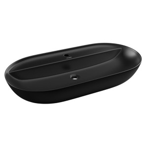 Umywalka ceramiczna nablatowa owalna czarna z otworem i z półką na mydło 80 x 40 cm DECOS Black z rantem Slim