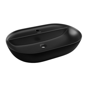 Umywalka ceramiczna nablatowa owalna czarna z otworem i z półką na mydło 60 x 41 cm DECOS Black z rantem Slim
