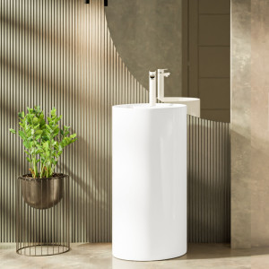 Umywalka z konglomeratu wolnostojąca okrągła biała błyszcząca 87 x 44 cm KALMI WHITE GLOW z otworem na baterię : Podłączenie syfonu - Do ściany