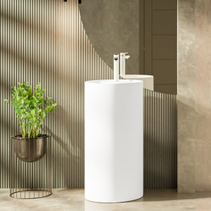 Umywalka z konglomeratu wolnostojąca okrągła biała matowa 87 x 44 cm KALMI WHITE MATT z otworem na baterię : Podłączenie syfonu - Do ściany