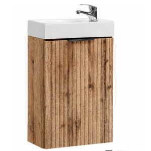 Szafka wisząca w kolorze naturalnego drewna ryflowane fronty z białą umywalką 40 x 22 cm ASTROS Light Oak