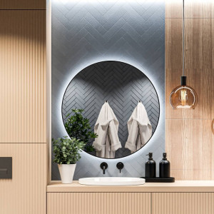 Lustro okrągłe podświetlane z sensorem w czarnej ramie 60 cm VALO Slim LED black