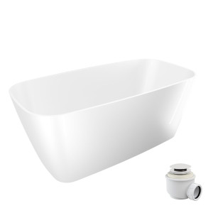 Wanna wolnostojąca NAVI owalna biała z konglomeratu 150 x 70 cm bez przelewu cienki rant | Różne kolory korków : Kolor korka - Biały