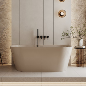 Wanna wolnostojąca przyścienna  z konglomeratu szara błyszcząca 160 x 75 cm WALL Grey Glow przelew typu SLIM : Kolor wanny - Beż matowy