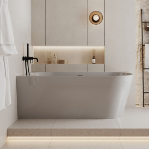 Wanna wolnostojąca narożna lewa z konglomeratu beżowa błyszcząca 160 x 75 cm WALL Beige Glow z przelewem typu SLIM : Kolor wanny - Szary połysk