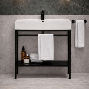 Zestaw umywalka z konglomeratu NAVI 100 x 45 cm + stojąca konsola NAVI Step | Różne kolory | Różne rozmiary : Kolor - Czarny, Otwory na baterię - Dwa otwory, Rozmiar - 100 x 45 cm