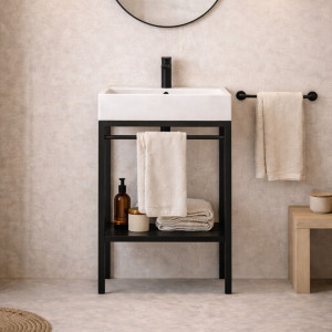 Zestaw umywalka z konglomeratu NAVI 100 x 45 cm + stojąca konsola NAVI Step | Różne kolory | Różne rozmiary : Kolor - Czarny, Otwory na baterię - Jeden otwór, Rozmiar - 50 x 45 cm