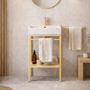 Zestaw umywalka z konglomeratu NAVI 70 x 45 cm + stojąca konsola NAVI Step | Różne kolory | Różne rozmiary : Kolor - Żółty, Otwory na baterię - Jeden otwór, Rozmiar - 50 x 45 cm