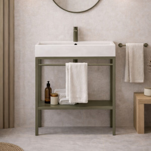 Zestaw umywalka z konglomeratu NAVI 70 x 45 cm + stojąca konsola NAVI Step | Różne kolory | Różne rozmiary : Kolor - Oliwkowy, Otwory na baterię - Bez otworów, Rozmiar - 100 x 45 cm