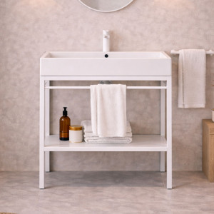 Zestaw umywalka z konglomeratu NAVI 60 x 45 cm + stojąca konsola NAVI Step | Różne kolory | Różne rozmiary : Kolor - Biały, Otwory na baterię - Jeden otwór, Rozmiar - 100 x 45 cm