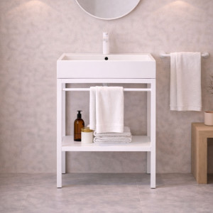 Zestaw umywalka z konglomeratu NAVI 60 x 45 cm + stojąca konsola NAVI Step | Różne kolory | Różne rozmiary : Kolor - Biały, Otwory na baterię - Jeden otwór, Rozmiar - 60 x 45 cm