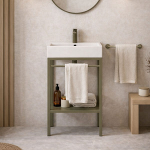 Zestaw umywalka z konglomeratu NAVI 50 x 45 cm + stojąca konsola NAVI Step | Różne kolory | Różne rozmiary : Kolor - Oliwkowy, Otwory na baterię - Jeden otwór, Rozmiar - 60 x 45 cm