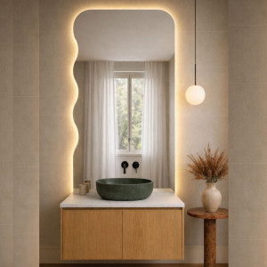 Lustro dekoracyjne oszlifowane z podświetleniem WAVE Aura Half LED  | Różne rozmiary | Różne kolory : Kolor tafli szkła - Srebrny, Rozmiar - 70 x 140 cm, Wersja - Lewa