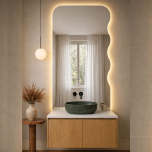 Lustro dekoracyjne oszlifowane z podświetleniem WAVE Aura Half LED  | Różne rozmiary | Różne kolory : Kolor tafli szkła - Grafit, Rozmiar - 90 x 180 cm, Wersja - Prawa