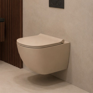 Miska WC wisząca rimless beżowa FLOW Latte z deską wolnoopadającą typu Slim