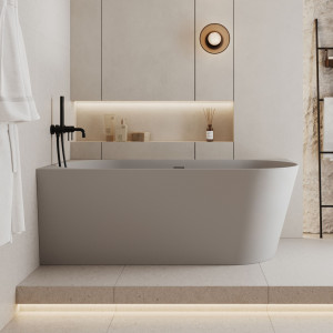 Wanna wolnostojąca narożna lewa z konglomeratu szara matowa 160 x 75 cm WALL Grey Matt z przelewem typu SLIM : Kolor wanny - Szary matowy
