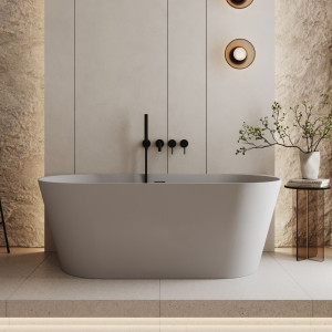 Wanna wolnostojąca przyścienna  z konglomeratu beżowa matowa 160 x 75 cm WALL Beige Matt przelew typu SLIM : Kolor wanny - Szary matowy
