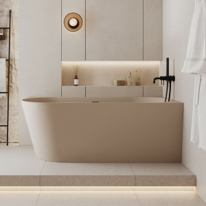 Wanna wolnostojąca narożna prawa konglomerat beżowa matowa 160 x 75 cm WALL Beige Matt z przelewem typu SLIM : Kolor wanny - Beż matowy