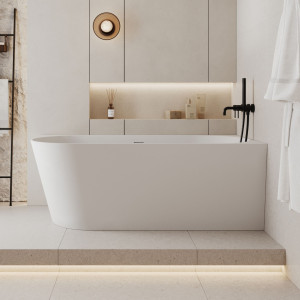 Wanna wolnostojąca narożna prawa konglomerat beżowa matowa 160 x 75 cm WALL Beige Matt z przelewem typu SLIM : Kolor wanny - Biały matowy