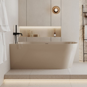 Wanna wolnostojąca narożna lewa z konglomeratu biała matowa 160 x 75 cm WALL White Matt z przelewem typu SLIM : Kolor wanny - Beż połysk
