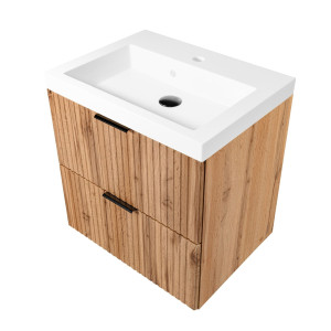 Szafka wisząca w kolorze naturalnego drewna z białą umywalką 60 x 46 cm ASTROS Light Oak