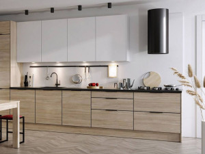 Kuchnia bezuchwytowa Kammono dąb szary + biały mat - zestaw 340 cm