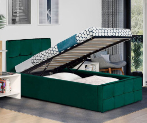Łóżko tapicerowane z pojemnikiem SFG004P, materac | 90x200 | Welur | Zielony