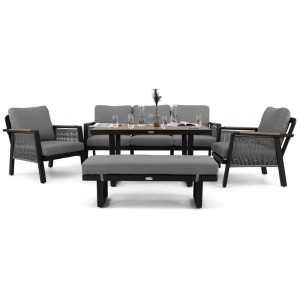 Zestaw mebli ogrodowych z aluminium PROVENCE | Czarne + imitacja drewna | Szare poduszki
