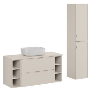 Zestaw meblowy 120cm z blatem, umywalką nablatową Smile i szafką wysoką | Kolekcja Bella Cashmere | Kaszmirowy Mat